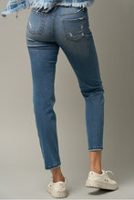 Load image into Gallery viewer, Blue Stretch Denim Trim Raw Hem Girlfriend Jeans
