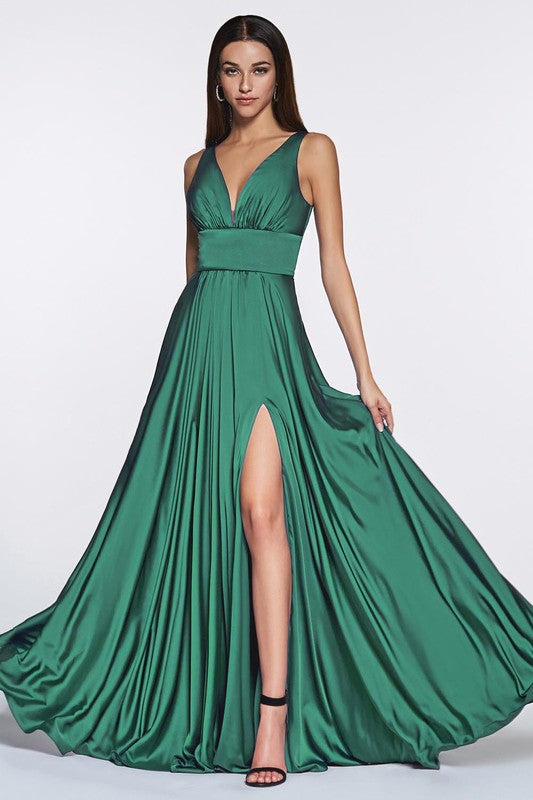 High Society Emerald Green Soft Satin High Split Maxi Gown