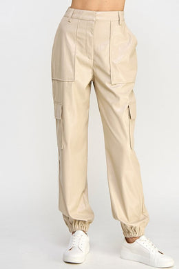 Relaxed Cream Vegan Leather Cargo Pants-Plus Size Dream Girl