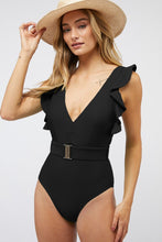 Load image into Gallery viewer, Belted Green Ruffle Sleeve One Piece Swimsuit-Plus Size Dream Girl
