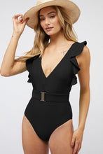 Load image into Gallery viewer, Belted Pink Ruffle Sleeve One Piece Swimsuit-Plus Size Dream Girl
