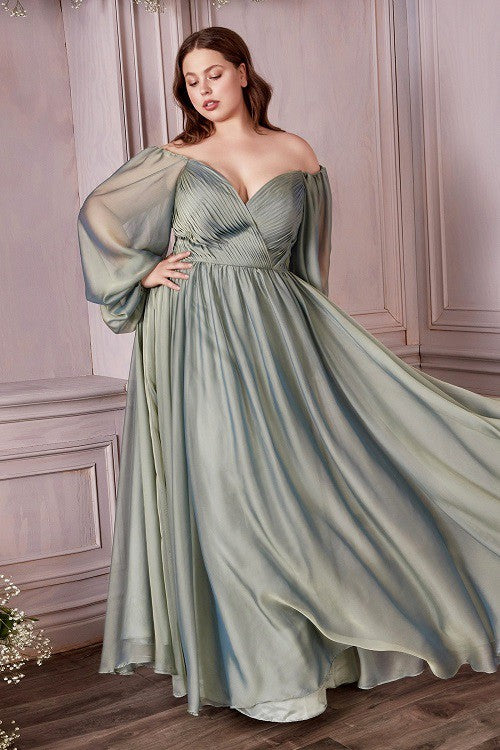 Curvy Sweetheart Sage Green Satin Off Shoulder Long Sleeve Maxi Dress-Plus Size Dream Girl