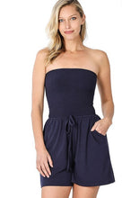 Load image into Gallery viewer, Smocked Spring Navy Blue Tube Shorts Romper with Pockets-Plus Size Dream Girl
