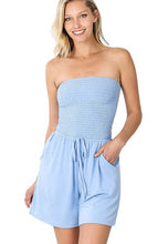 Load image into Gallery viewer, Smocked Spring Blue Tube Shorts Romper with Pockets-Plus Size Dream Girl
