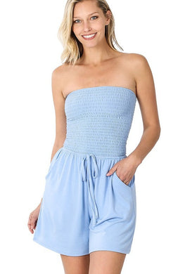 Smocked Spring Blue Tube Shorts Romper with Pockets-Plus Size Dream Girl