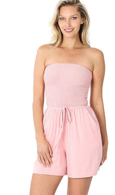 Smocked Spring Pink Tube Shorts Romper with Pockets-Plus Size Dream Girl