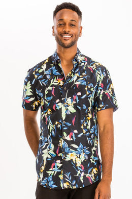 Men's Black Hawaiian Print Button Down Shirt-Plus Size Dream Girl