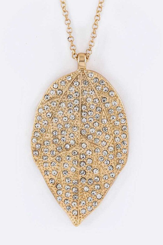 Pave Crystals Gold Leaf Pendant Necklace Set-Plus Size Dream Girl