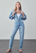 Load image into Gallery viewer, High Waist Flap Pocket Light Blue Half Button Denim Jumpsuit-Plus Size Dream Girl
