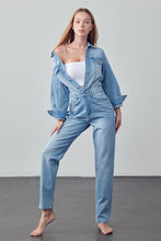 Load image into Gallery viewer, High Waist Flap Pocket Light Blue Half Button Denim Jumpsuit-Plus Size Dream Girl
