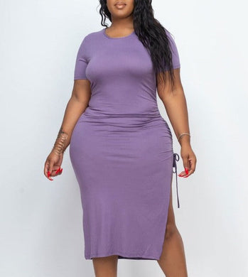 Plus Size Purple Drawstring Ruched Midi Dress-Plus Size Dream Girl