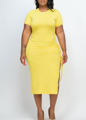 Plus Size Yellow Drawstring Ruched Midi Dress-Plus Size Dream Girl