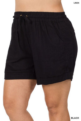 Plus Ash Black Linen Drawstring-Waist Shorts with Pockets-Plus Size Dream Girl