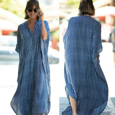 Summer Blue Striped Loose Fit Button Down Dress-Plus Size Dream Girl