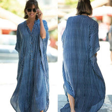 Load image into Gallery viewer, Summer Blue Striped Loose Fit Button Down Dress-Plus Size Dream Girl

