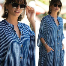 Load image into Gallery viewer, Summer Blue Striped Loose Fit Button Down Dress-Plus Size Dream Girl

