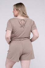 Load image into Gallery viewer, Plus Size Casual Mocha Short Sleeve Drawstring Shorts Romper with Pockets-Plus Size Dream Girl
