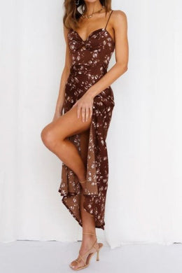 Brown Satin Floral Summer Sleeveless Maxi Dress-Plus Size Dream Girl