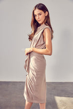 Load image into Gallery viewer, Empire Taupe Sleeveless Draped Button Front Tie Dress-Plus Size Dream Girl
