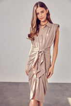 Load image into Gallery viewer, Empire Taupe Sleeveless Draped Button Front Tie Dress-Plus Size Dream Girl
