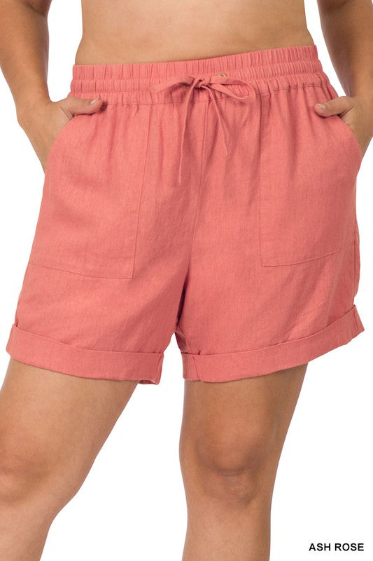 Plus Ash Black Linen Drawstring-Waist Shorts with Pockets-Plus Size Dream Girl