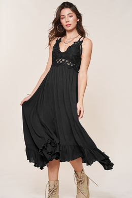 Boho Crochet Lace Trim Black Sleeveless Maxi Dress-Plus Size Dream Girl