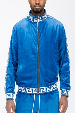 Men's Blue Greek Printed Velour Long Sleeve Track Jacket-Plus Size Dream Girl
