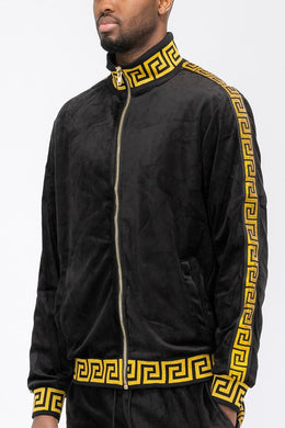 Men's Black Greek Printed Velour Long Sleeve Track Jacket-Plus Size Dream Girl