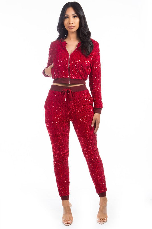 Red Sparkle Bomber Jacket & Pants Set-Plus Size Dream Girl