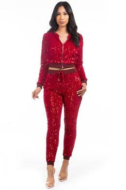 Red Sparkle Bomber Jacket & Pants Set-Plus Size Dream Girl