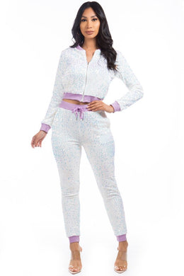 Glitter Sequin Track Jacket & Pants Set-Plus Size Dream Girl