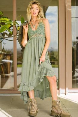 Boho Crochet Lace Trim Olive Green Sleeveless Maxi Dress-Plus Size Dream Girl