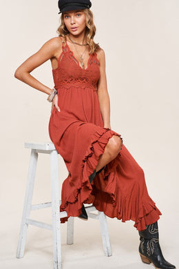 Boho Crochet Lace Trim Marsala Red Sleeveless Maxi Dress-Plus Size Dream Girl