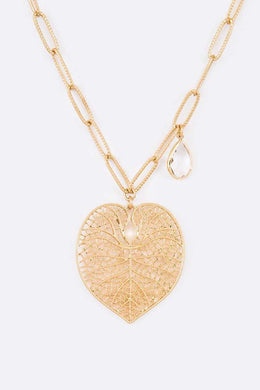 Gold Cutout Leaf Teardrop Crystal Pendant Necklace-Plus Size Dream Girl