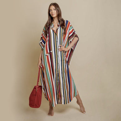 Multi Color Striped Kimono Loose Fit Maxi Dress-Plus Size Dream Girl