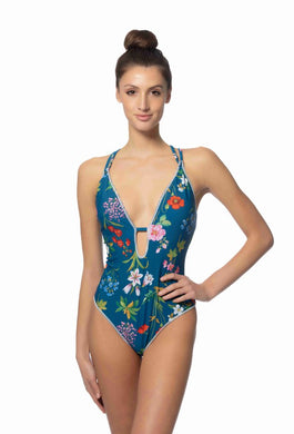 Blue Floral Halter Style One Piece Swimsuit-Plus Size Dream Girl