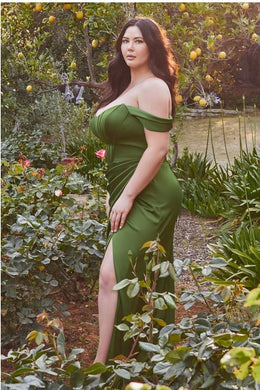 Satin Corset Dark Green Off Shoulder Long Gown-Plus Size Dream Girl