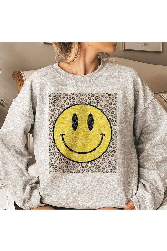 Plus Size Sand Happy Face Leopard Graphic Swearshirt-Plus Size Dream Girl