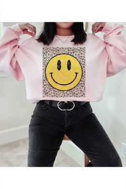 Plus Size Pink Happy Face Leopard Graphic Swearshirt-Plus Size Dream Girl