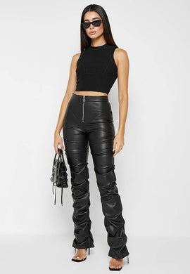 Ruched Black Faux Leather Zip Front Pants-Plus Size Dream Girl