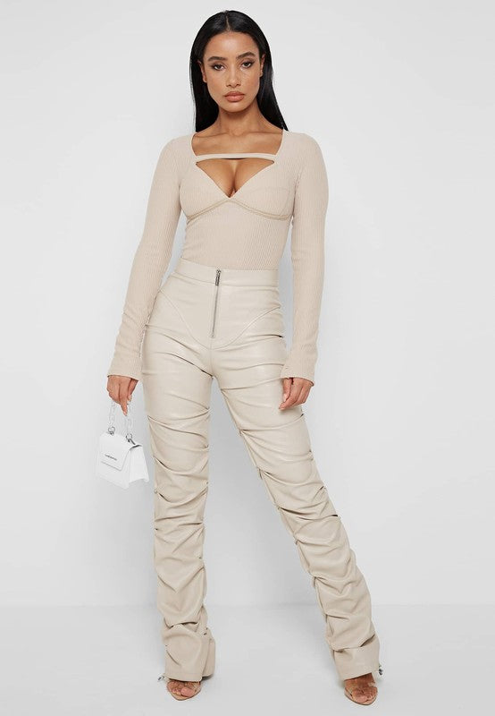 Ruched Cream Faux Leather Zip Front Pants-Plus Size Dream Girl