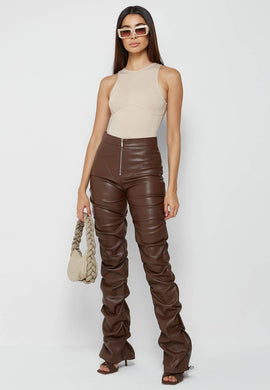 Ruched Brown Faux Leather Zip Front Pants-Plus Size Dream Girl