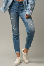 Load image into Gallery viewer, Blue Stretch Denim Trim Raw Hem Girlfriend Jeans-Plus Size Dream Girl
