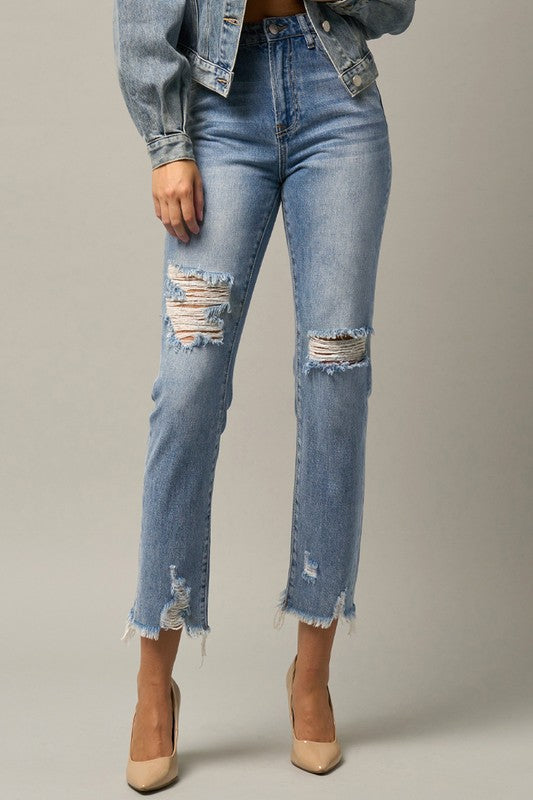 High Waist Distressed Fray Medium Blue Straight Jeans-Plus Size Dream Girl