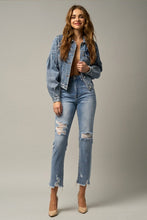 Load image into Gallery viewer, High Waist Distressed Fray Medium Blue Straight Jeans-Plus Size Dream Girl
