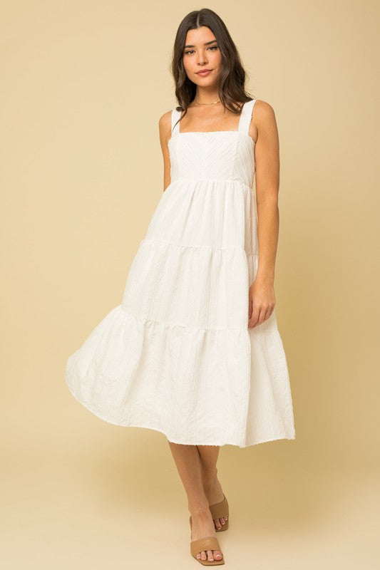 White Textured Striped Smocked Back Midi Dress-Plus Size Dream Girl