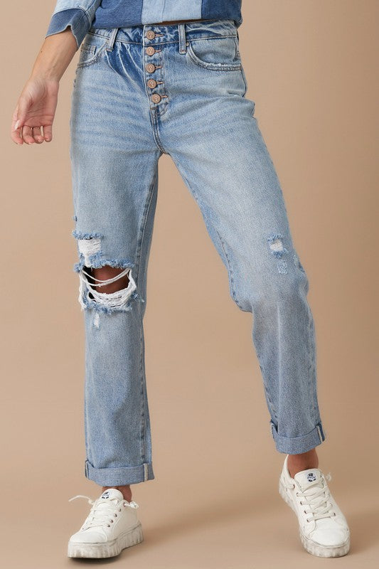 Vintage Style Blue Denim Rolled Up Boyfriend Jeans-Plus Size Dream Girl