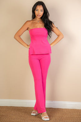 Side Slit Fuschia Pink Bandeau Top & Flare Pants Set-Plus Size Dream Girl