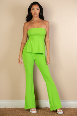 Side Slit Lime Green Bandeau Top & Flare Pants Set-Plus Size Dream Girl
