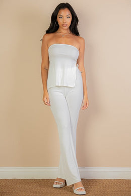 Side Slit White Bandeau Top & Flare Pants Set-Plus Size Dream Girl